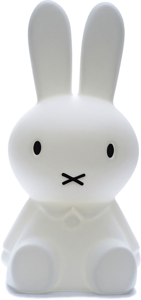 Ein weißes, großes Nachtlicht in Form der beliebten Figur Miffy, geeignet für Kinderzimmer. Es hat eine glatte Oberfläche mit schwarzen Augen und einem schwarzen X-förmigen Mund.