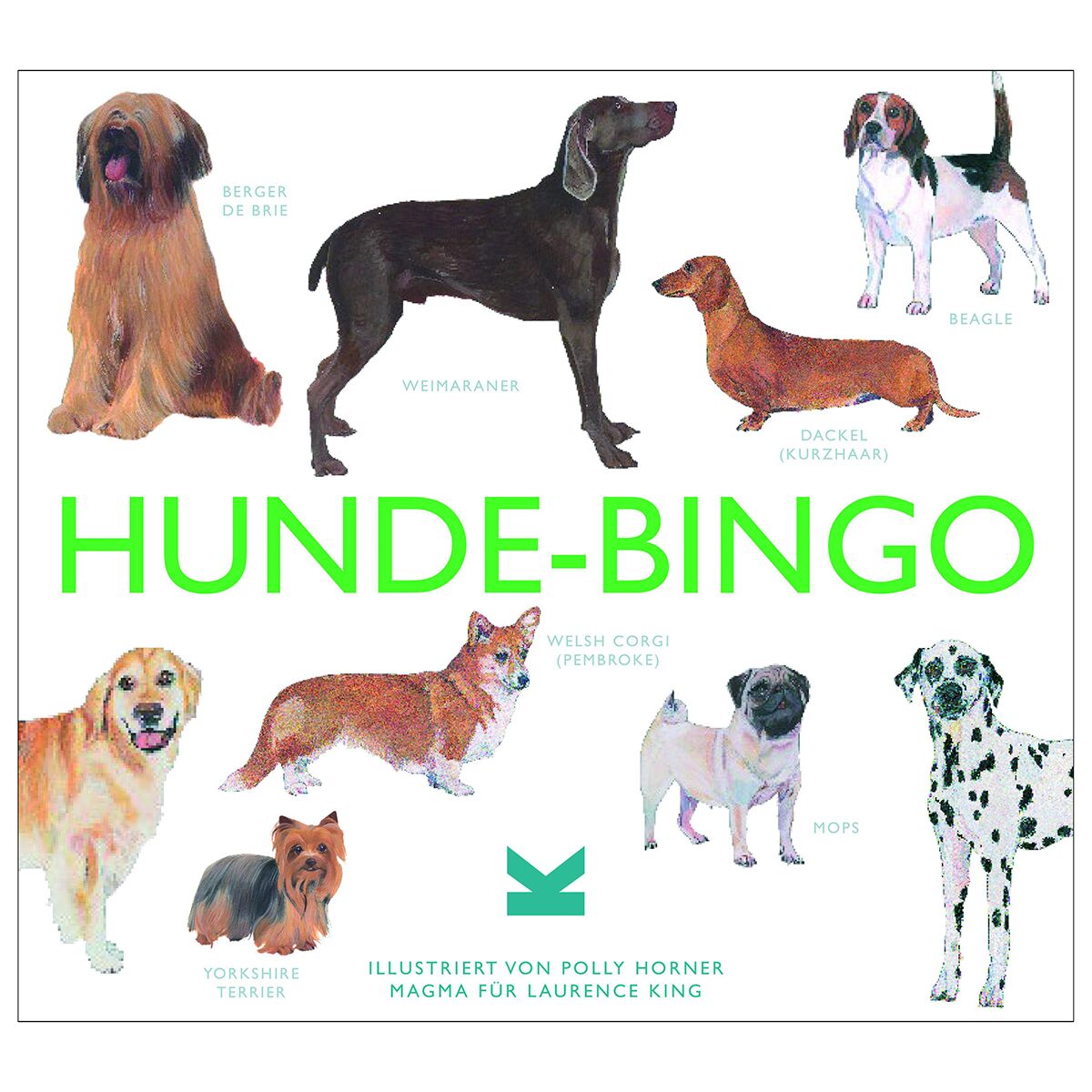 Das Bild zeigt die Verpackung des Spiels 'Hunde-Bingo'. Abgebildet sind verschiedene Hunderassen liebevoll illustriert, darunter ein Weimaraner, Beagle, Mops, Yorkshire Terrier, Berger de Brie, Dackel, Welsh Corgi und ein Golden Retriever. Der Titel 'Hunde-Bingo' steht groß in grün in der Mitte. Das Bild vermittelt einen bunten und fröhlichen Eindruck eines Gesellschaftsspiels für Hunde- und Spielfreunde.