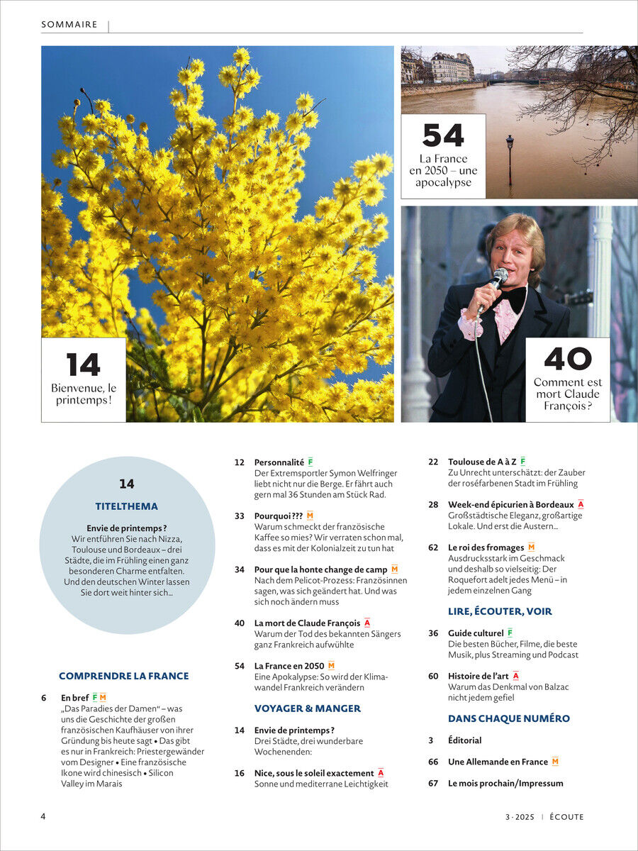 Titelblatt des Écoute Magazin Ausgabe 3/2025 mit dem Thema Frühling, einem Bild eines gelben Baumes, verschiedenen Artikeln und einer Vorschau auf kulturelle und sprachliche Inhalte.