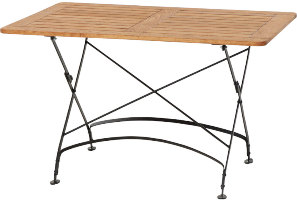Der »Peru III« Klapptisch misst 120x80 cm und verfügt über eine Holzplatte mit einem Metallgestell. Der Tisch ist faltbar und eignet sich ideal für den Einsatz im Freien, wie auf Balkonen, Terrassen oder im Garten.