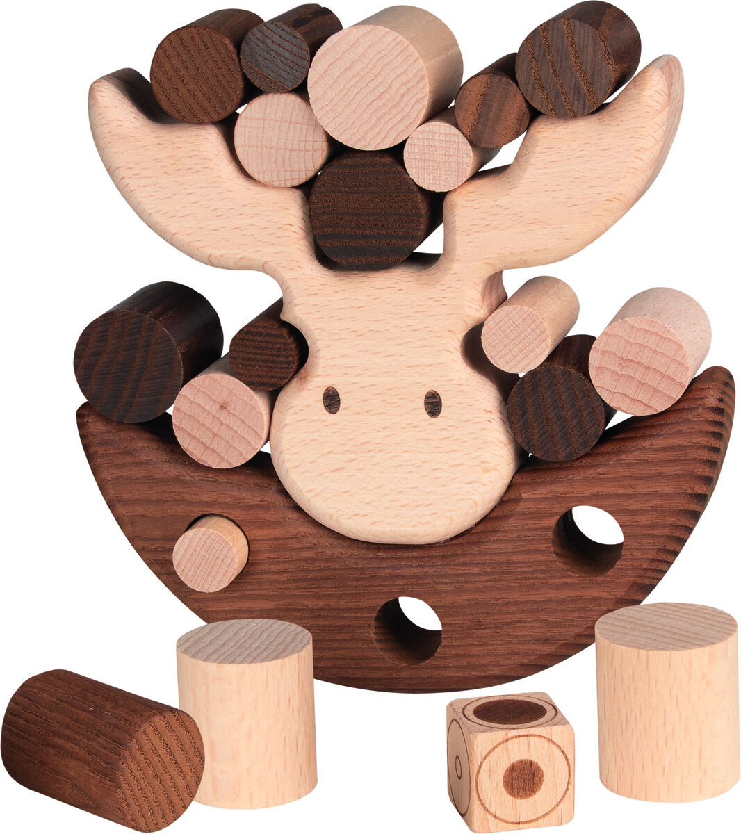 Ein Balancierspiel aus Holz in Form eines Elchs. Der Körper des Elchs ist braun und naturholzfarben, und das Spiel besteht aus mehreren Holzzylindern in verschiedenen Braun- und Beigetönen, die auf dem Elchkörper gestapelt werden müssen, ohne das Gleichgewicht zu verlieren.