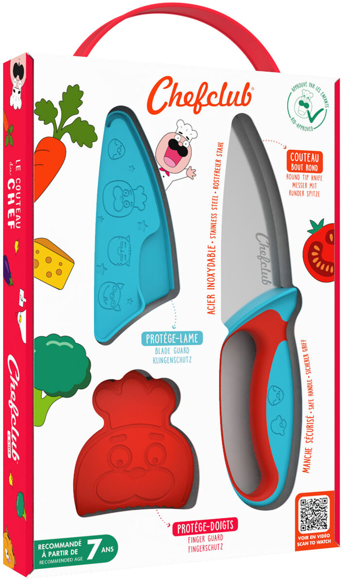 Ein Kinderküchenmesser-Set von Chefclub, bestehend aus einem blauen und roten Messer mit Schutzvorrichtung, in einer bunten Verpackung mit lustigen Illustrationen von Gemüse.