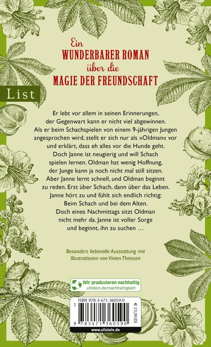 Rückseite des Buches 'Pinnow, J: Schacherzähler' mit grünen Blättern und Text über die Magie der Freundschaft. Der Hintergrund ist hauptsächlich grün mit Text in roten und schwarzen Schriftarten. Ein Label von 'List' und Nachhaltigkeitshinweise sind ebenfalls sichtbar.