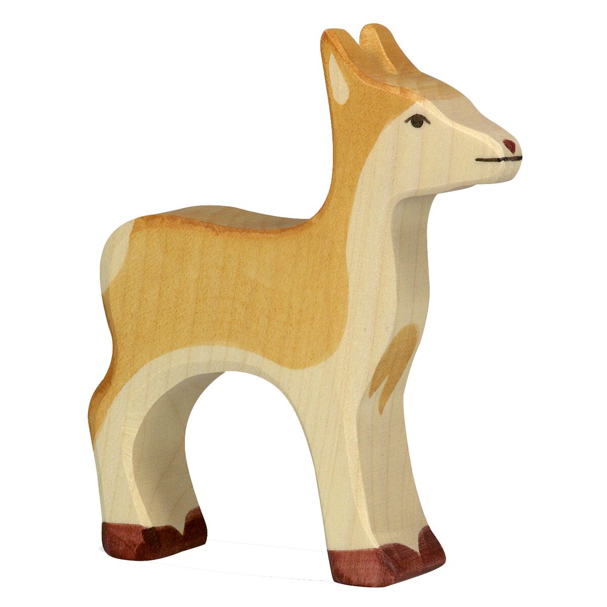 Holzfigur eines kleinen Rehs aus unbehandeltem und bemaltem Holz, mit naturgetreuen Farben und schlichten Konturen. Das dekorative Tier steht aufrecht auf vier Beinen und eignet sich als Spielzeug oder Dekoration für Kinder und Erwachsene.