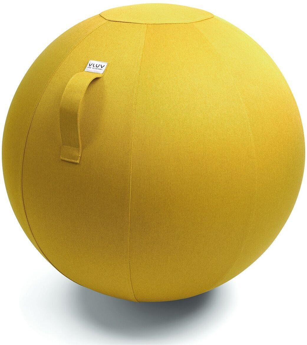 Der Sitzball »Vluv Leiv« ist ein gelber Gymnastikball mit einem integrierten Tragegriff aus Stoff. Ideal für ergonomisches Sitzen und Fitnesstraining.