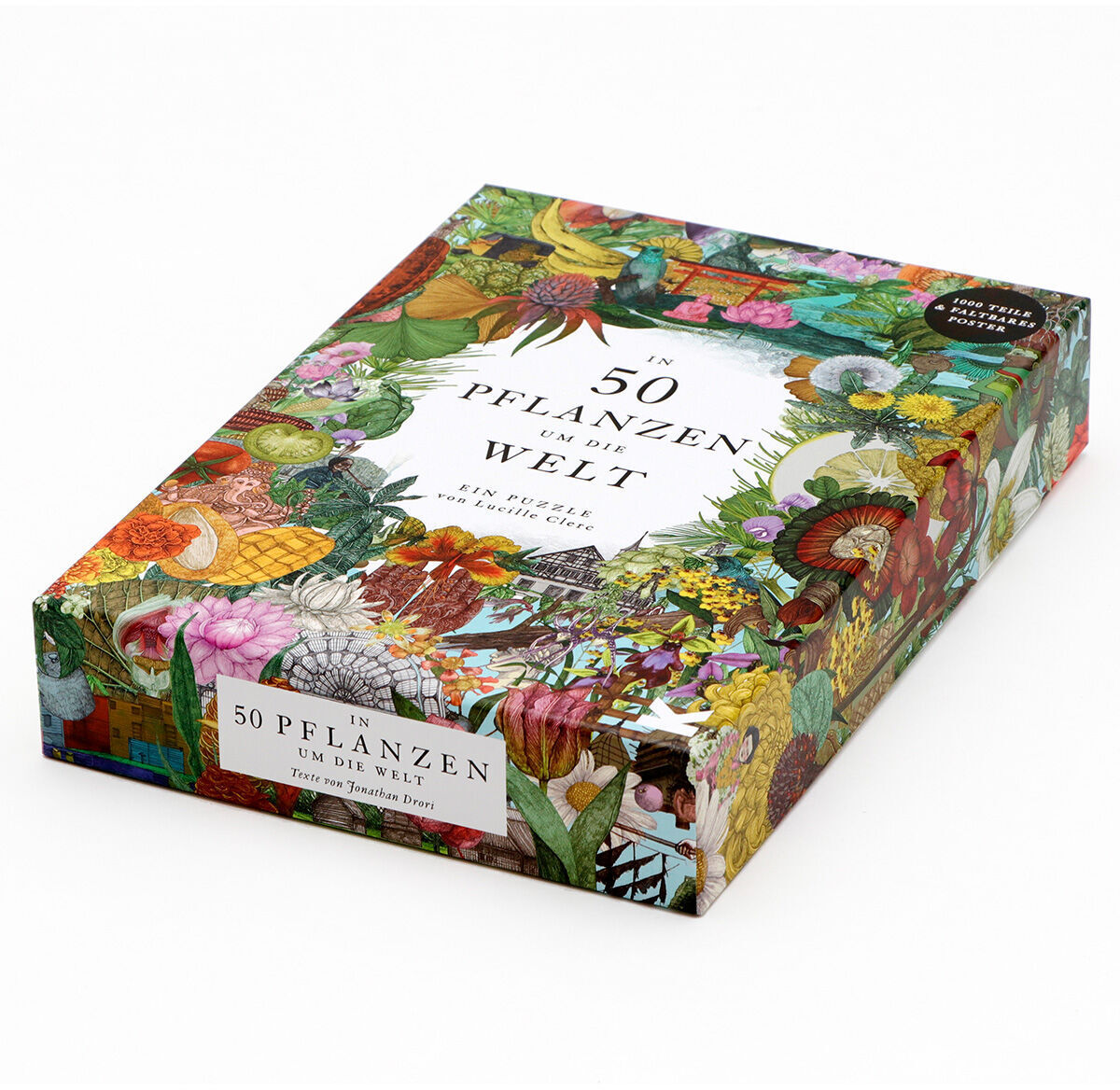 Ein Puzzle mit dem Titel »In 50 Pflanzen um die Welt« zeigt eine farbenfrohe Vielzahl von Pflanzenillustrationen aus aller Welt. Die Verpackung ist reich an Details mit verschiedenen botanischen Designs und leuchtenden Farben. Es ist in einer rechteckigen Schachtel verpackt.