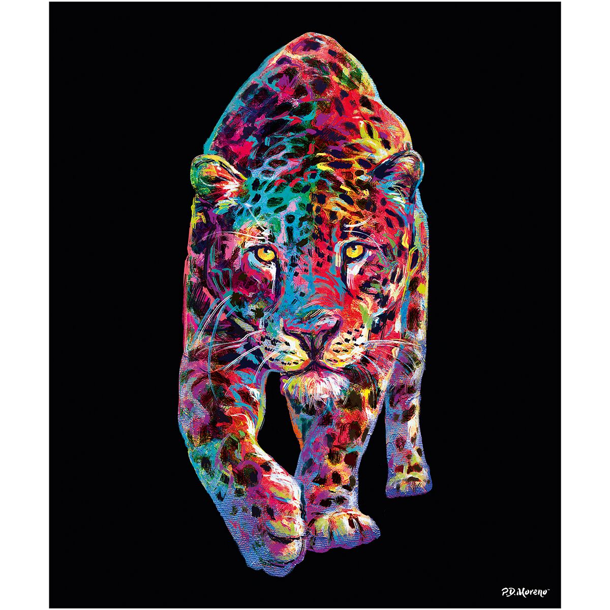 Das Bild zeigt einen stilisierten Leopard von vorne auf schwarzem Hintergrund. Das Tier ist in leuchtenden Farben wie Türkis, Pink, Blau, Gelb und Rot gemalt, mit ausdrucksstarken Pinselstrichen. Die Signatur 'PD Moreno' befindet sich unten rechts.