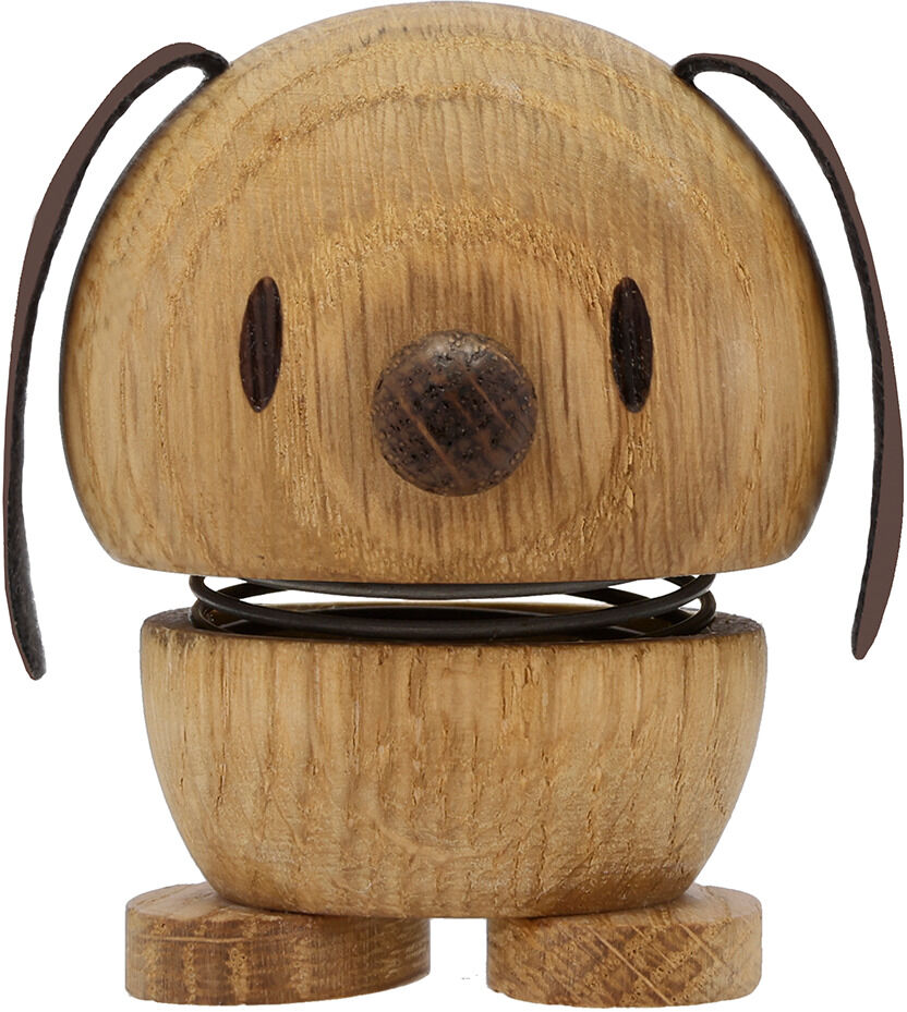Holzfigur eines stilisierten Hundes aus Eiche mit runden Formen und beweglichen Elementen, bekannt als Hoptimist.