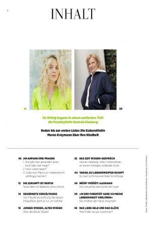 Inhaltsverzeichnis einer ZEIT WISSEN Ausgabe mit zwei Porträtfotos von Frauen oben, einer in neongrüner Bluse, die andere im blauen Blazer. Unter den Bildern Titelzeilen und Text zu Gesprächen über Erfolg und Kindheit. Darunter nummerierte Artikelliste.