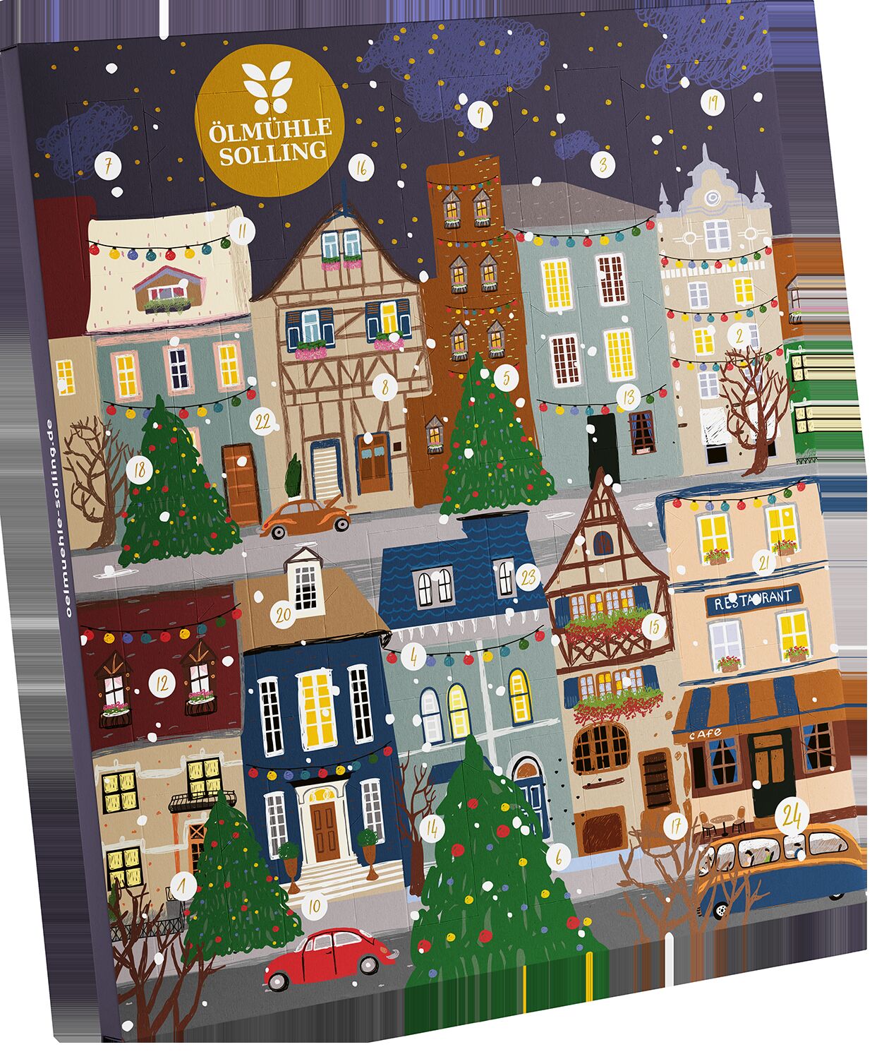 Illustrativer Adventskalender mit einer verschneiten Stadtlandschaft, bunten Häusern, geschmückten Weihnachtsbäumen und nummerierten Türchen vor einem sternenklaren Nachthimmel.