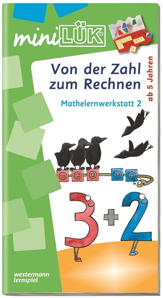 Das Bild zeigt das Produkt „mini-LÜK-Set »Ich komme in die Schule«“. Es handelt sich um ein Lernspielset für Kinder ab 5 Jahren, das die Grundlagen des Rechnens vermittelt. Das Cover ist grün und zeigt Illustrationen von Vögeln und Zahlen.