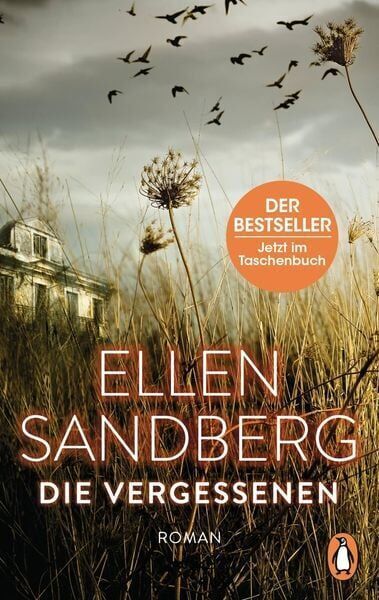 Cover des Buches 'Die Vergessenen' von Ellen Sandberg, abgebildet ist ein altes Haus im Hintergrund, verwilderte Gräser und ein bewölkter Himmel. Ein orangefarbener Aufkleber verkündet 'Der Bestseller – Jetzt im Taschenbuch'.