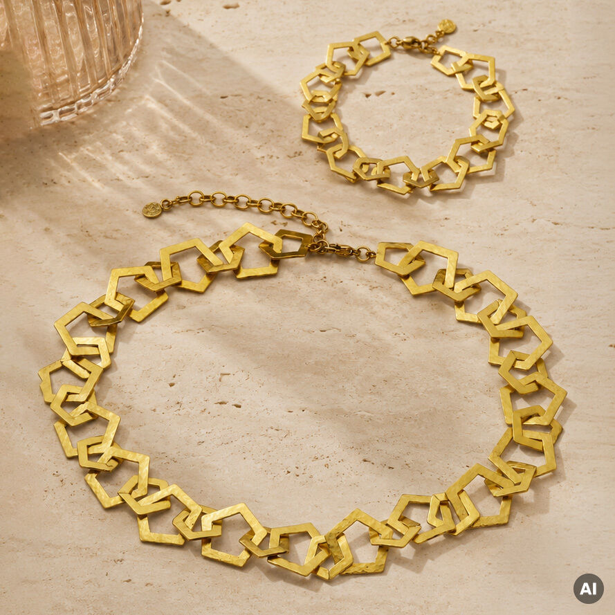 Das Bild zeigt das Schmuckset »Rosa« der Marke Ars mundi, bestehend aus einer Kette und einem passenden Armband aus 22 ct. vergoldetem Messing mit geometrischen Gliedern auf cremefarbenem Steinuntergrund. Der Schmuck wirkt luxuriös und modern.