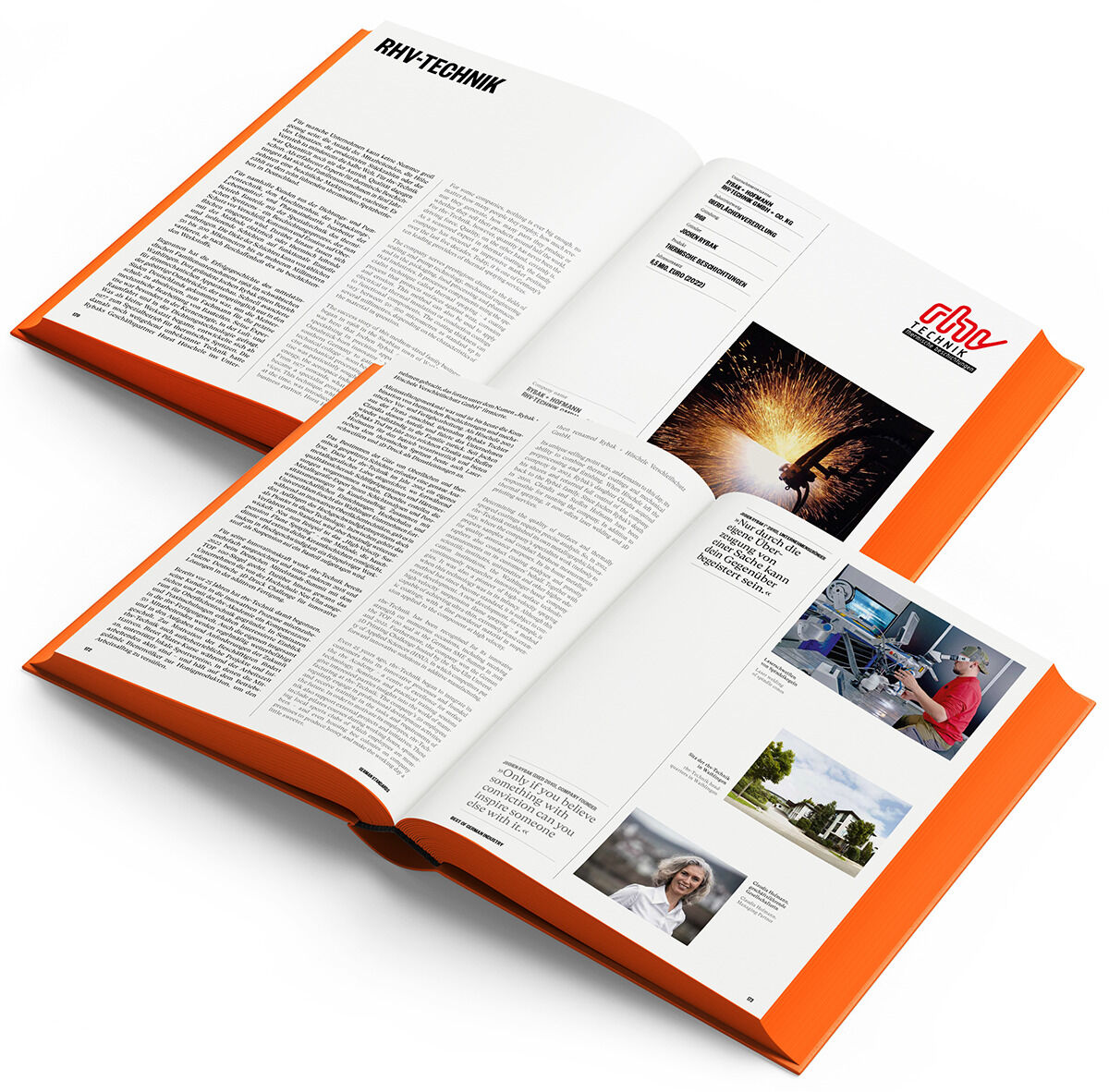 Ein aufgeschlagenes Buch mit dem Titel »Best of German Industry« zeigt Text und Bilder zum Thema deutsche Industrie und Technologie. Das Buch hat einen auffällig orangefarbenen Einband und präsentiert eine Mischung aus fachlichen Erläuterungen und beeindruckenden Aufnahmen.