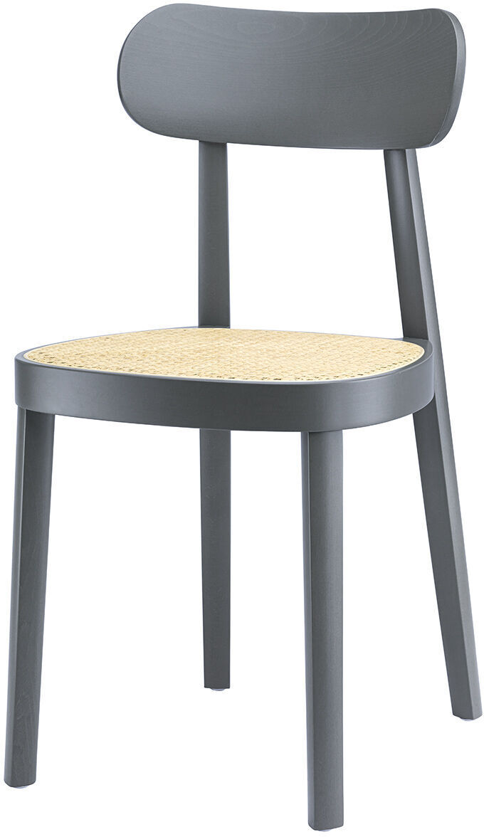 Moderner grauer Holzstuhl mit beige Korbgeflecht-Sitzfläche und gebogenem Rückenlehnen-Design, bekannt als ZEIT-Sonderedition Stuhl »118« von Thonet.