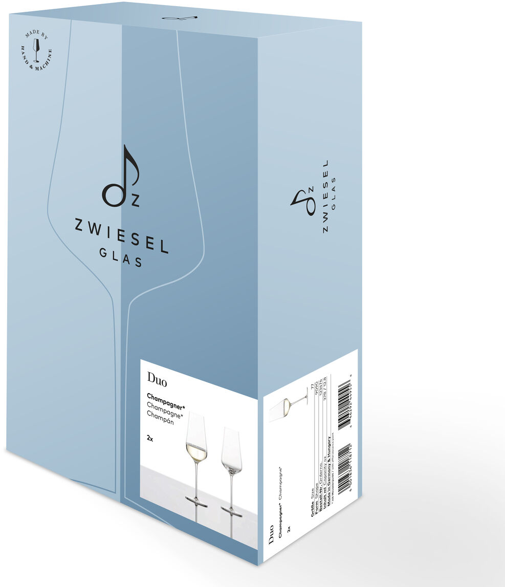 Eine elegante Verpackung des Champagnergläser-Sets »DUO« von Zweisel Glas, bestehend aus zwei hochwertigen Gläsern. Die Verpackung ist in hellblau gehalten mit weißer und silberner Schrift.