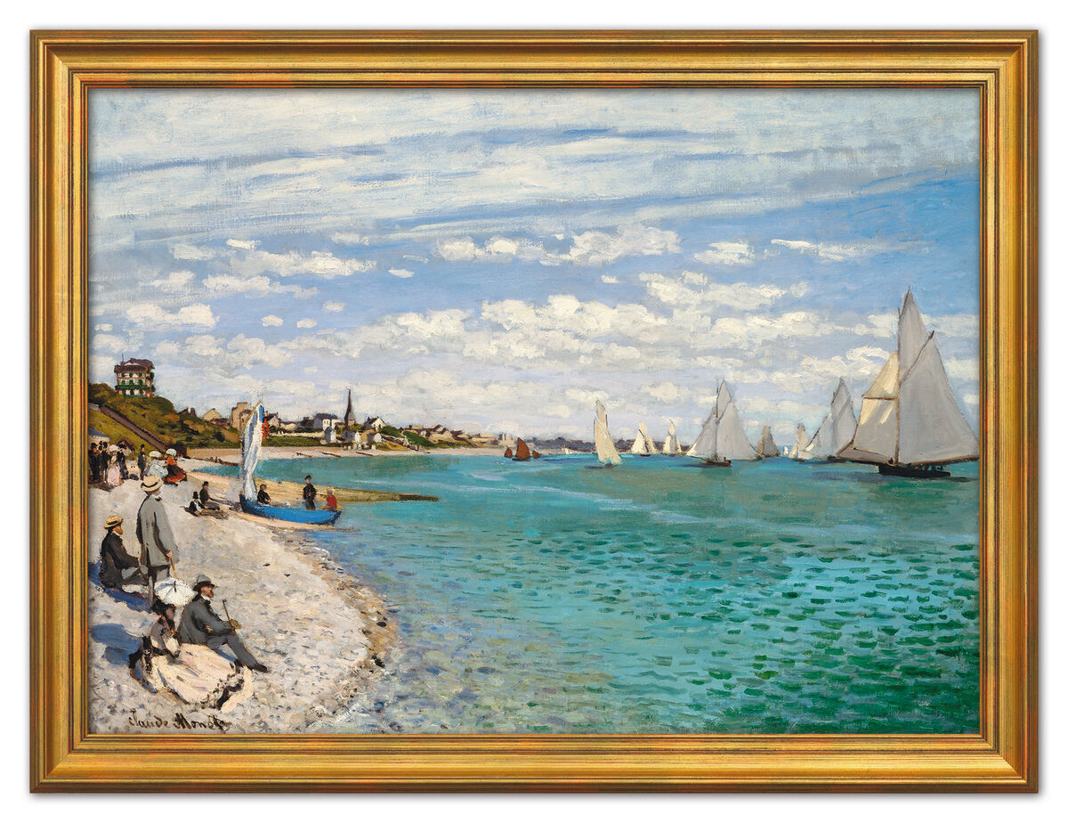 Ein Gemälde von Claude Monet aus dem Jahr 1867 mit dem Titel »Regatta in Sainte-Adresse«, das eine Küstenszene zeigt, in der mehrere Menschen am Strand sitzen und stehen, während eine Vielzahl von Segelbooten auf dem türkisfarbenen Wasser segelt. Im Hintergrund sind Gebäude und Vegetation zu sehen, und der Himmel ist mit weißen Wolken bedeckt.