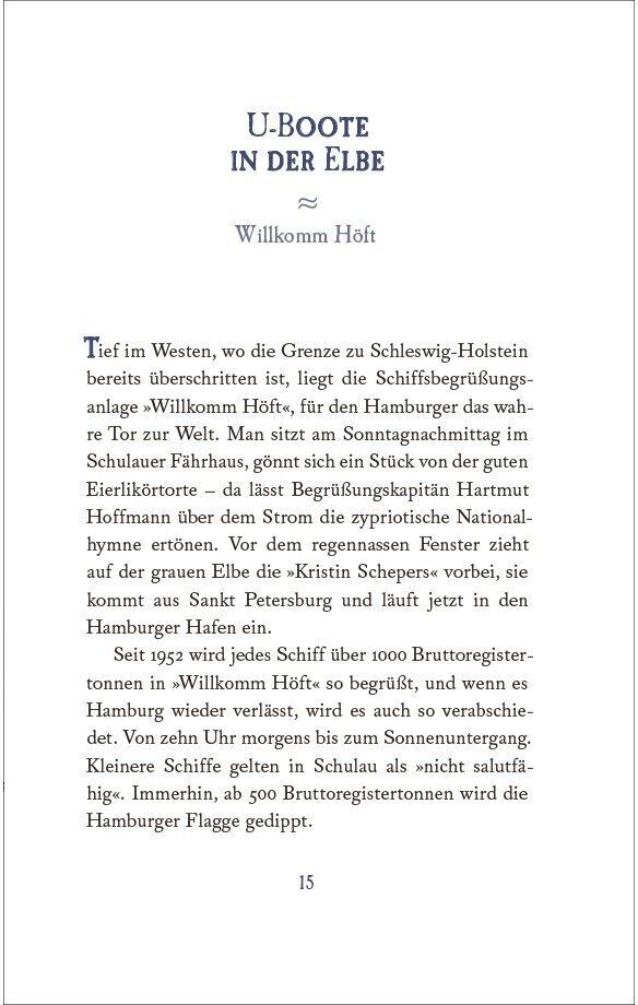 Seite aus dem Buch 'Der Elblotse' zeigt Text über U-Boote in der Elbe und die Schiffsbegrüßungsanlage Willkomm Höft.