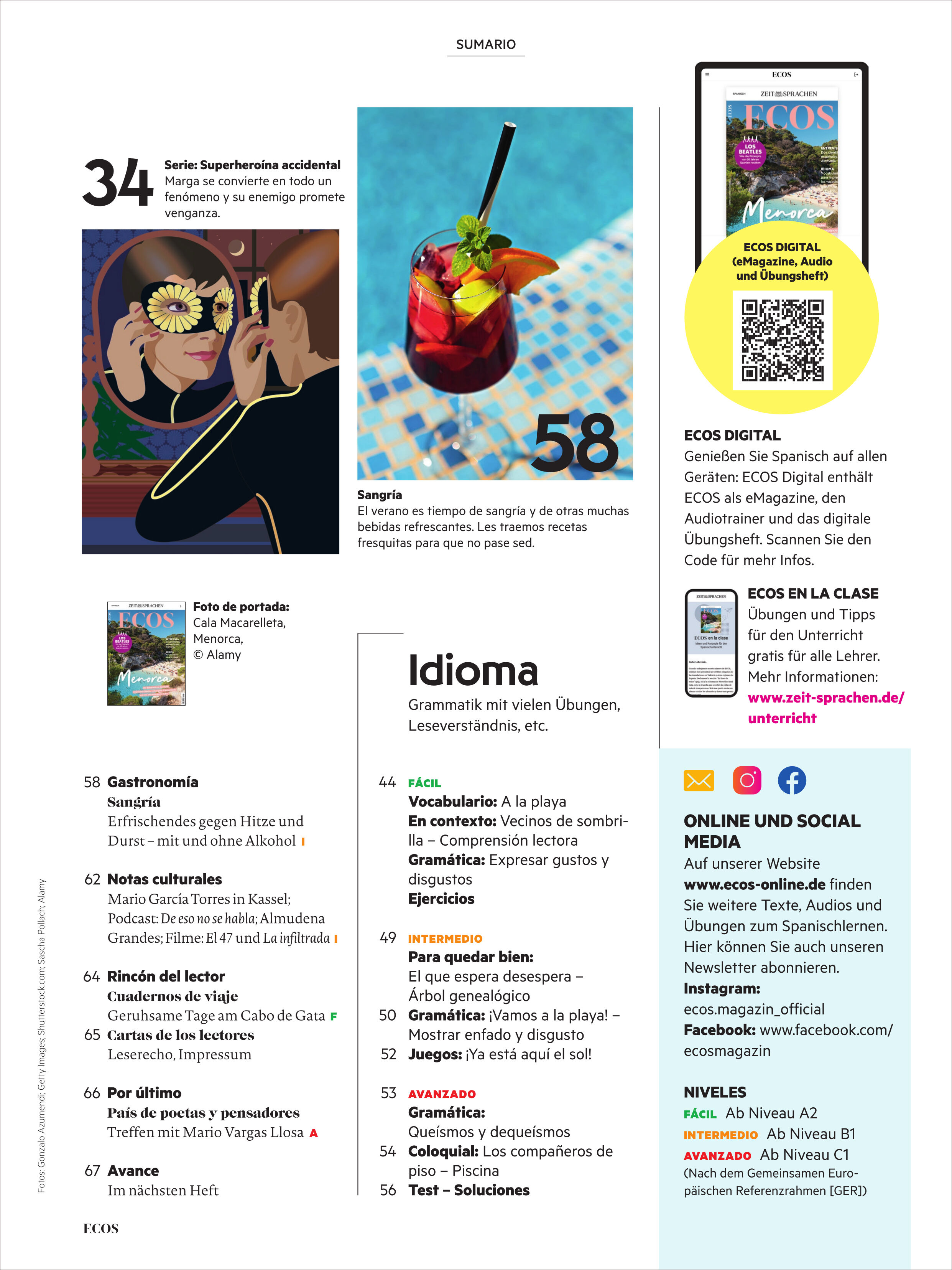 Das Cover der Ecos Magazin Ausgabe 8/2025 zeigt Illustrationen von sommerlichen Motiven wie einem Getränk mit Eiswürfeln, Zitronenscheiben und Blumen, dazu Artikelanreißer zu Themen wie Spanisch lernen, Grammatik, spanische Kultur und Reisen. Die Farbgebung ist insgesamt hell und lädt zum Lernen und Entdecken von Sprache und Kultur ein.