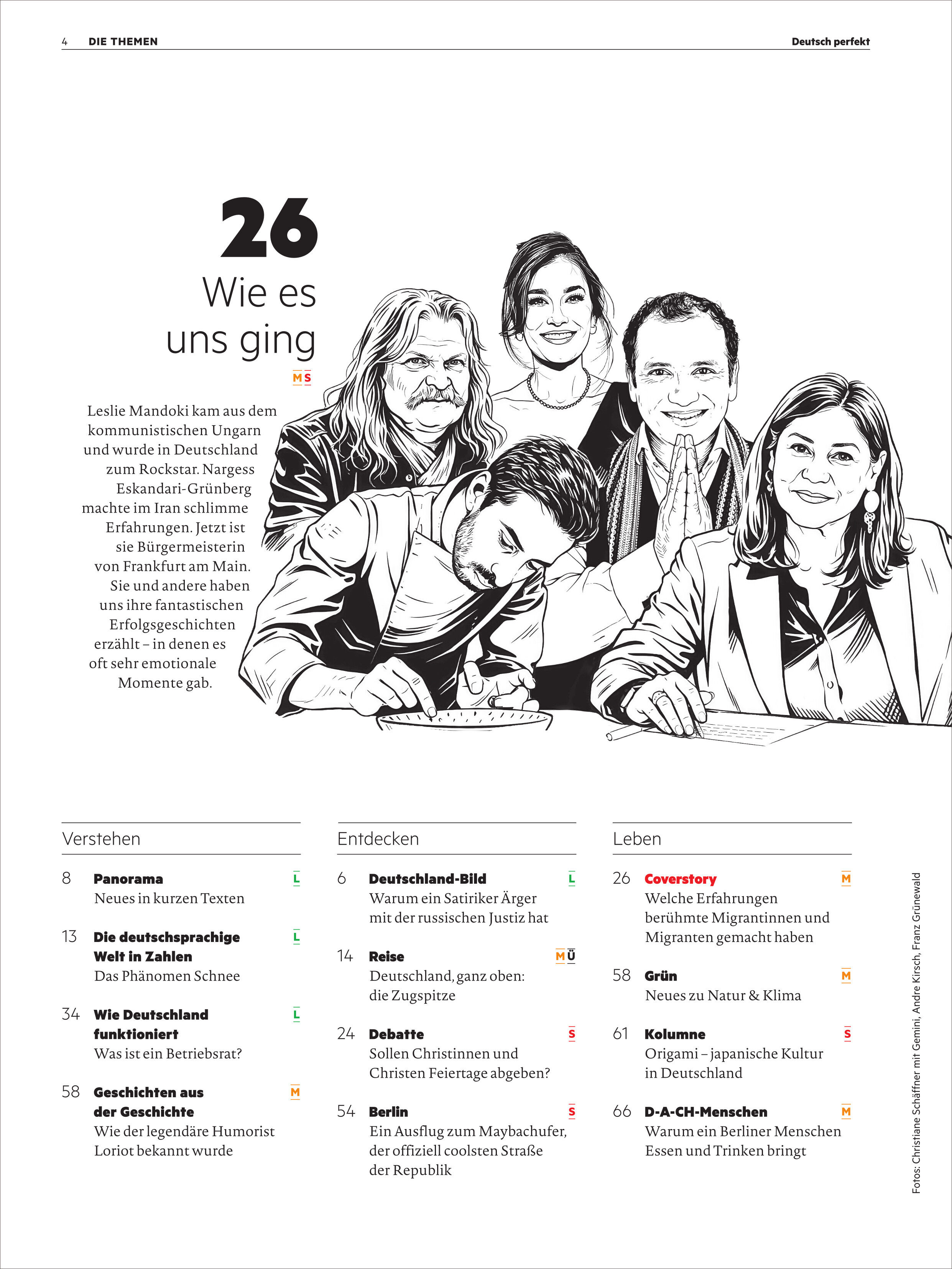 Illustration einer Titelseite eines Magazins mit fünf gezeichneten Porträts von Menschen unterschiedlicher Altersgruppen. Darüber steht der Text '26 Wie es uns ging'. Im unteren Bereich werden verschiedene Rubriken wie Verstehen, Entdecken und Leben mit farbigen Icons und Seitenzahlen gelistet. Die Darstellung ist in Schwarz-Weiß gehalten.