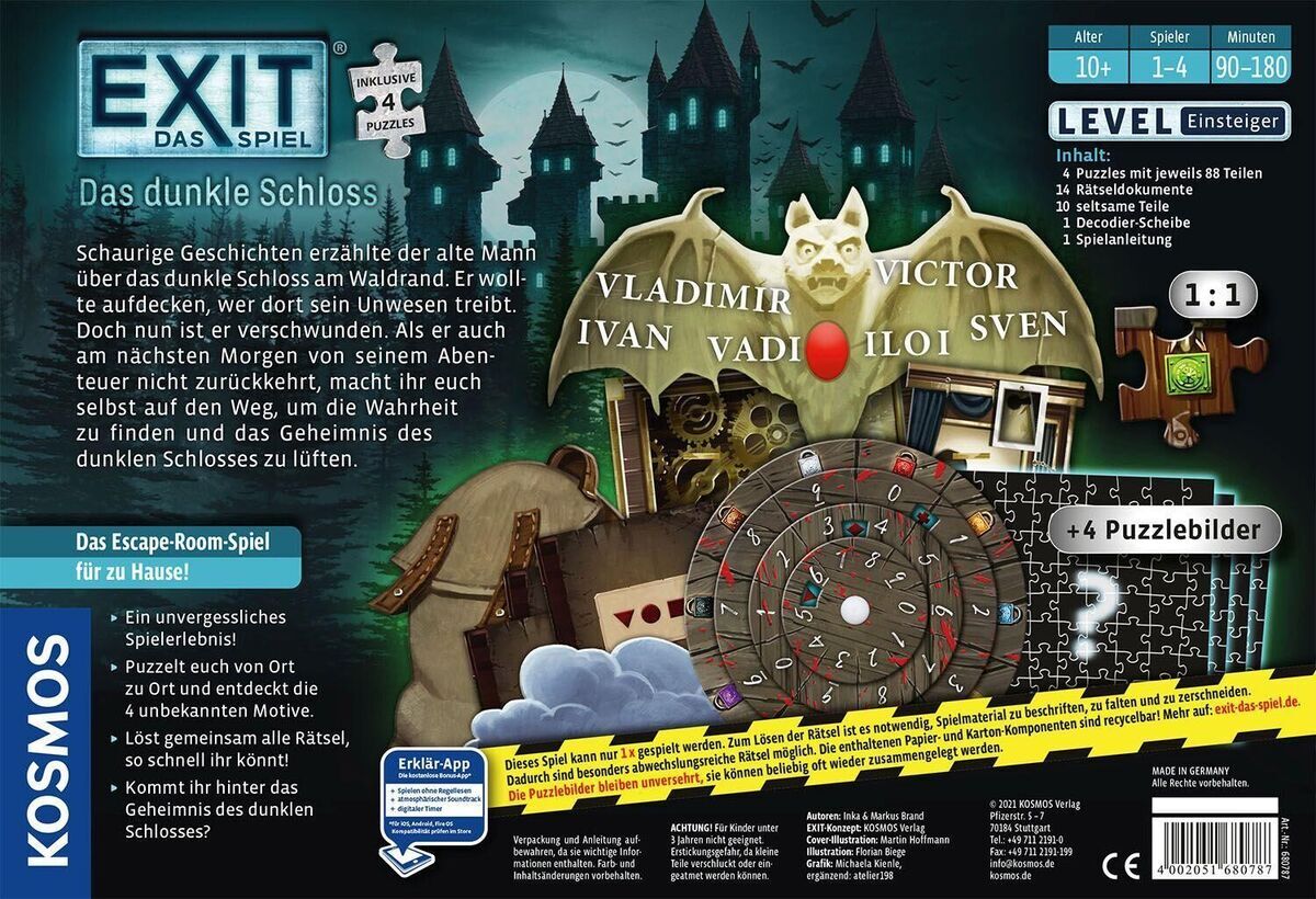 Das Bild zeigt die Verpackung des Brettspiels und Puzzles 'EXIT® - Das Spiel + Puzzle: Das dunkle Schloss' von Kosmos. Auf dem Cover sind die Spiel- und Puzzlekomponenten abgebildet, einschließlich eines mittelalterlichen Schlosses und eines Fluchtthemas.