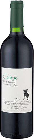 Eine Flasche Rotwein mit der Aufschrift »Ciclope Rosso Toscano 2012«, einem grünen Verschluss und einem weißen Etikett mit schwarzem Text. Ideal für Weinliebhaber und besondere Anlässe.