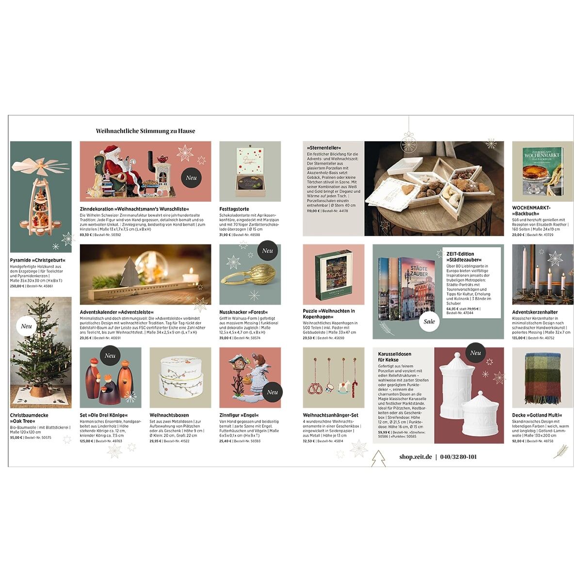 Katalogseite mit verschiedenen Weihnachts- und Winterdekorationen sowie Geschenkideen, darunter Kerzen, Baumschmuck, festliche Accessoires, natürliche Dekoelemente und Geschenkboxen. Die Seite ist liebevoll gestaltet und vermittelt eine gemütliche, festliche Stimmung. Gut lesbare Texte und Produktbilder illustrieren vielfältige Optionen für Weihnachten.