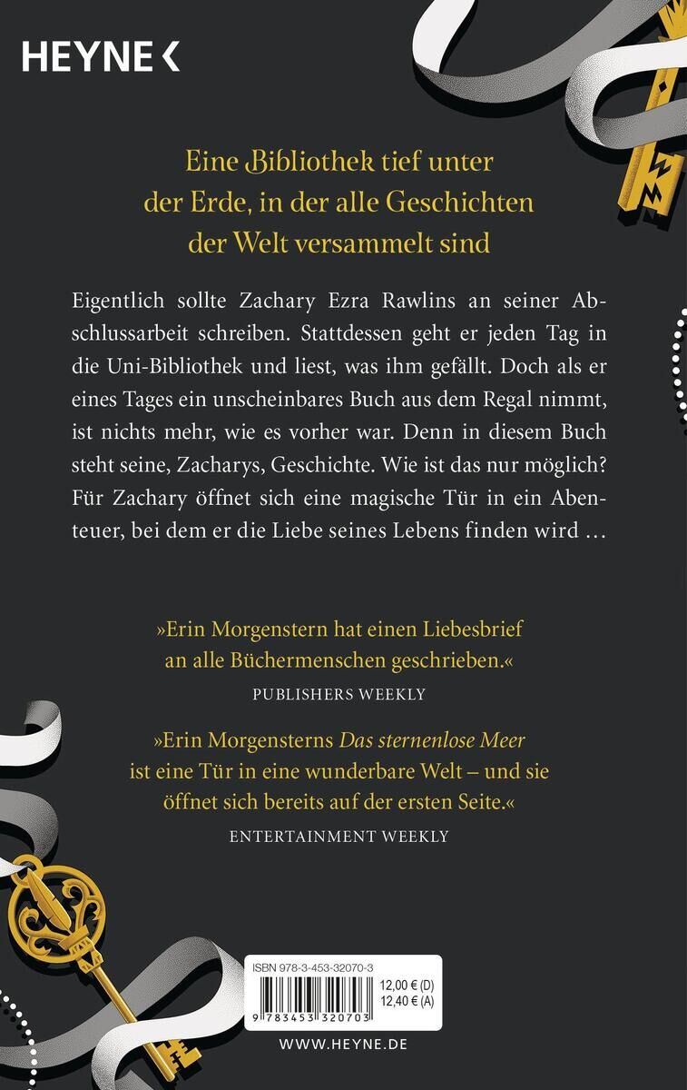 Rückseite des Buches 'Das sternenlose Meer' von Erin Morgenstern, veröffentlicht von Heyne Verlag. Die Hauptfarbe des Covers ist schwarz mit gelbem und weißem Text, dekoriert mit einem goldenen Schlüssel und einem stilisierten Band.