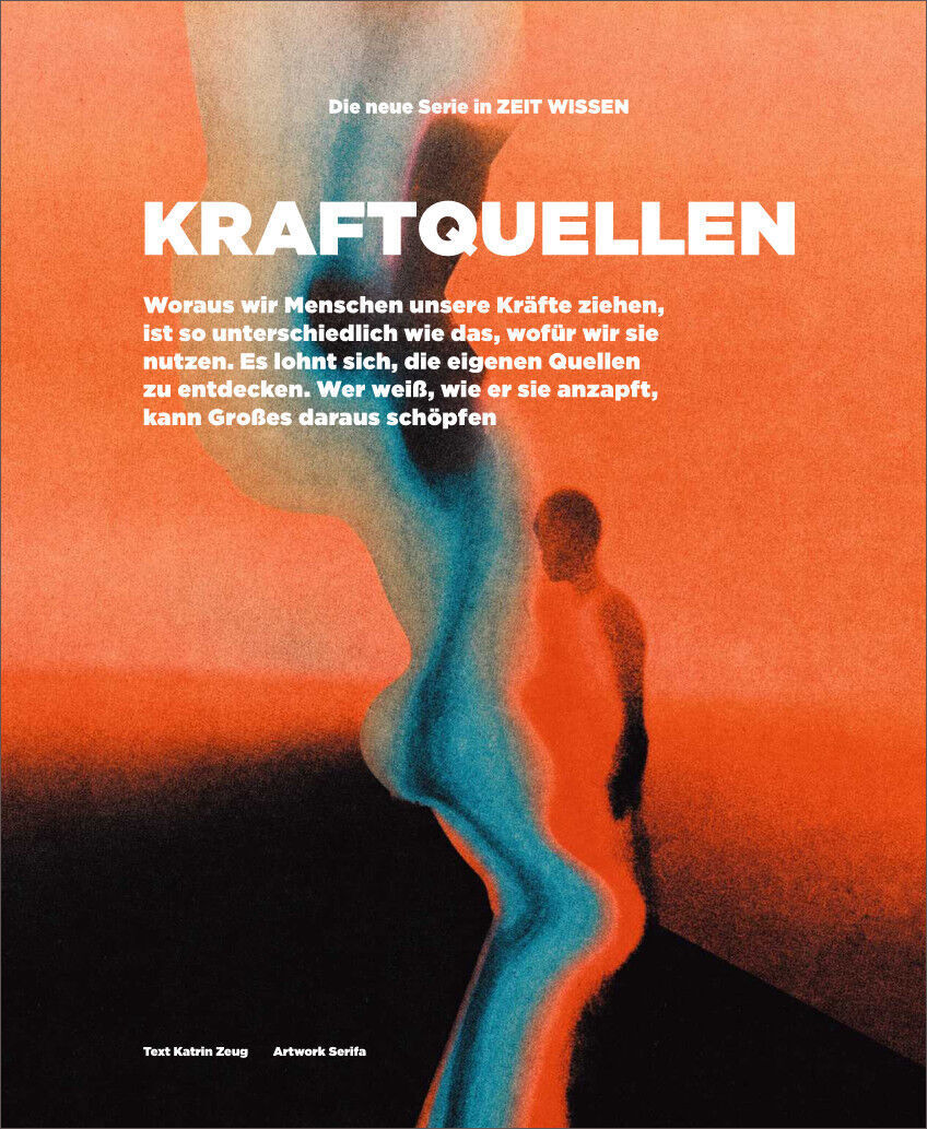 Eine Zeitschrift mit dem Titel 'ZEIT WISSEN' und dem Hauptthema 'Kraftquellen'. Das Cover zeigt eine abstrakte, mehrfarbige Grafik eines menschlichen Körpers vor einem Hintergrund unterschiedlicher Farbschattierungen in Blau, Rot, Schwarz, Weiß und Orange. Oben steht der Text 'Die neue Serie in ZEIT WISSEN' und unten sind die Namen der Illustratorin und der Autorin angegeben.