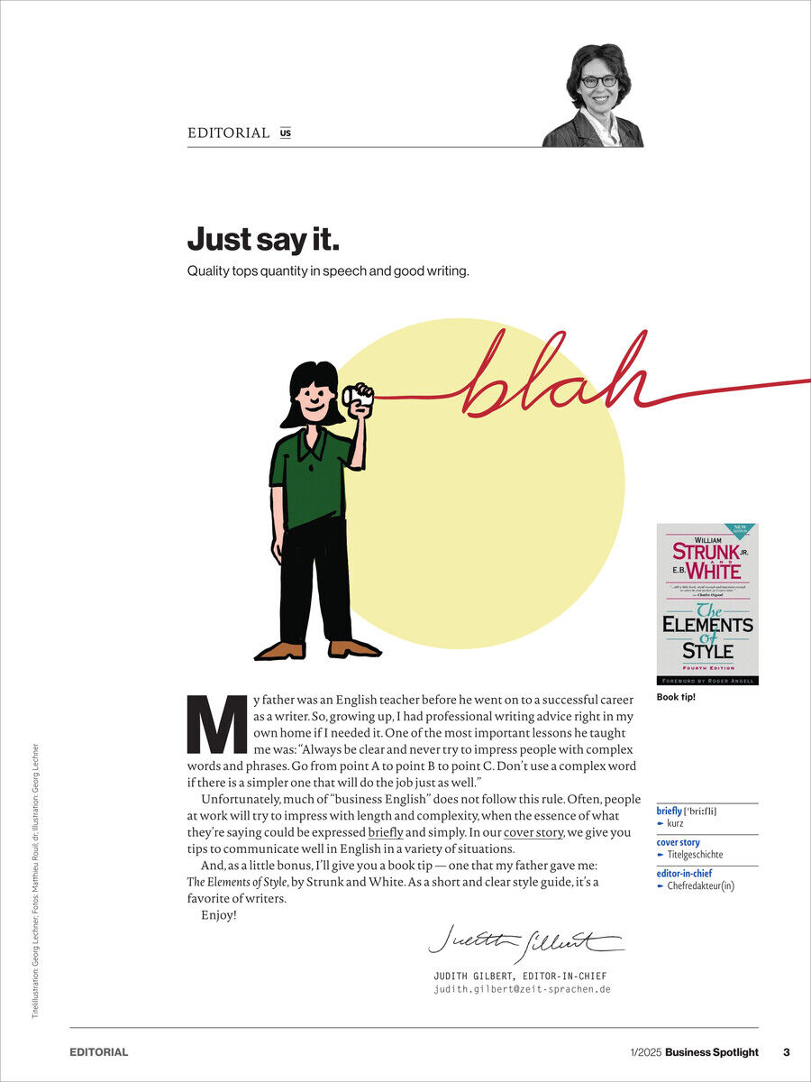 Eine Seite des Business Spotlight Magazins 1/25 mit einem Comic eines Mannes in einem grünen Hemd, der schreibt. Neben dem Comic steht der Titel 'Just say it.' und diverse Textelemente. Das Design ist überwiegend weiß mit schwarzen, roten, grünen und gelben Akzenten.