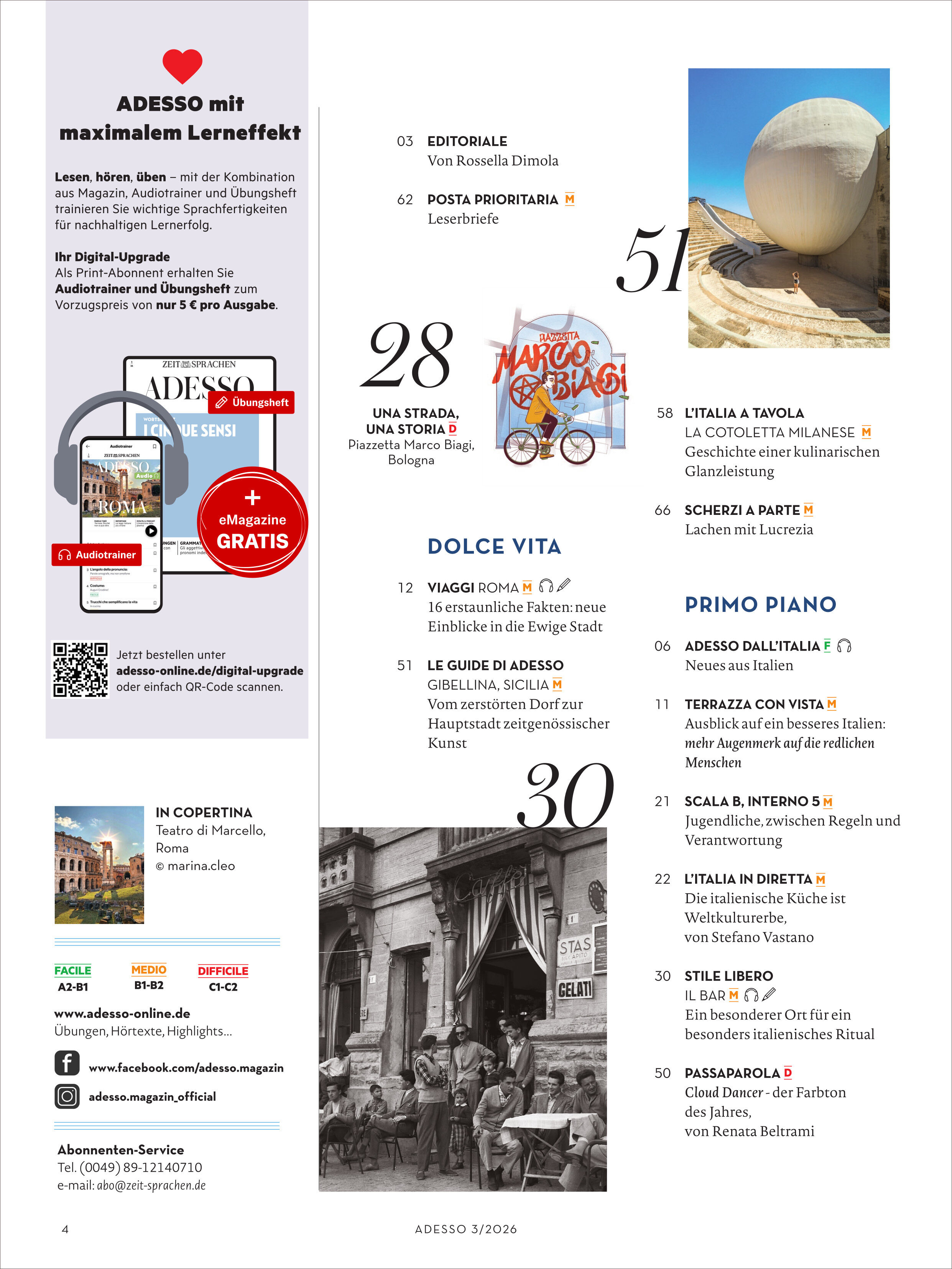 Detailreiche Inhaltsübersicht des Adesso Magazin 3/2026 vom Spotlight Verlag. Zu sehen sind eine Inhaltsangabe mit Rubriken wie Dolce Vita, Primo Piano, und Le Guide di Adesso, zahlreiche Seitennummern, Themen zu italienischer Kultur, Kunst und Kulinarik sowie Fotos in Schwarzweiß und Farbe.