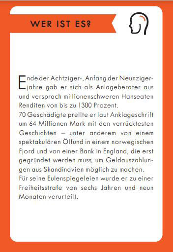 Eine Adventskarte aus der Serie ZEIT Verbrechen, die eine kriminalistische Geschichte erzählt. Der Text beschreibt die betrügerischen Aktivitäten eines Anlageberaters und enthält die Frage 'WER IST ES?' in einem orangefarbenen Rahmen. Oben rechts ist eine stilisierte Kopf-Silhouette.