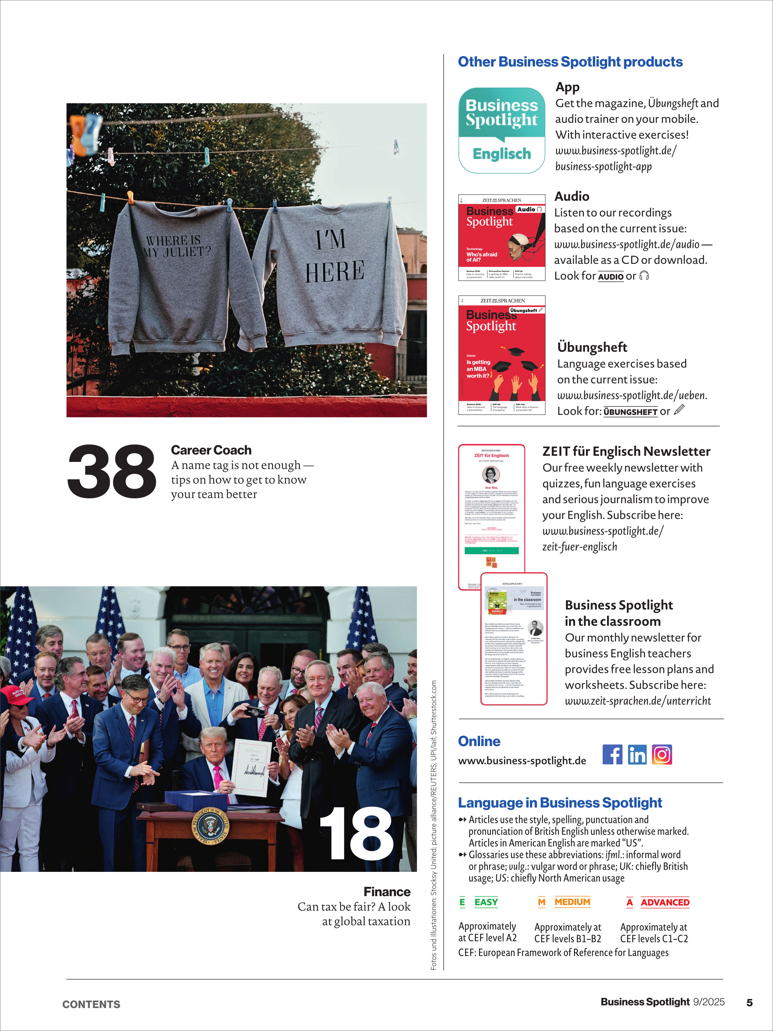 Abbildung der Magazinseite von 'Business Spotlight Magazin 9/2025' mit Themen zu Wirtschaft, Karriere und Englisch im Berufsleben. Die Seite zeigt Fotos von Menschen bei einem offiziellen Anlass, zwei Sweatshirts mit englischen Sprüchen und Informationen zu weiteren Sprachlernangeboten. Farben: überwiegend weißer Hintergrund mit grauen, roten, blauen und schwarzen Designelementen.