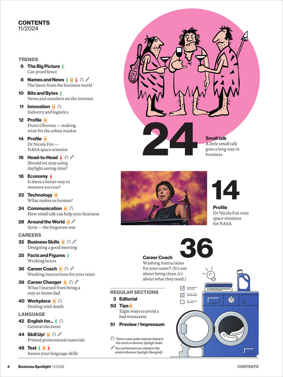 Titelseite des Business Spotlight Magazins 11/2024 mit Illustrationen von zwei Figuren im Cartoon-Stil, verschiedene Artikelhinweise und ein großes Zahlenmotiv (24, 14, 36), begleitende Textabschnitte und bunte grafische Elemente.