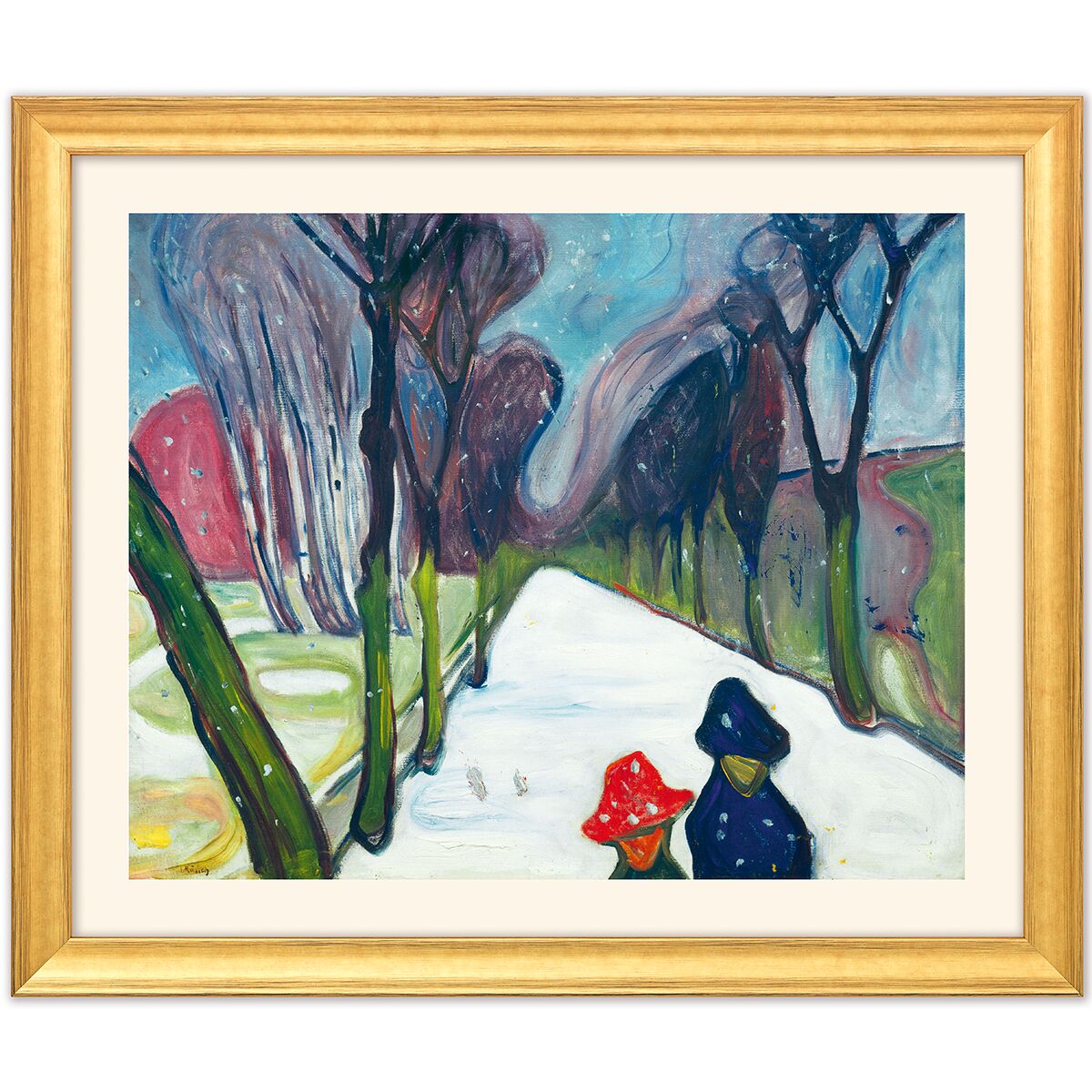 Detailreicher Kunstdruck aus Edvard Munchs Jahreszeiten-Zyklus: Zwei Personen mit Mänteln und Hut spazieren einen schneebedeckten Weg entlang, flankiert von ausdrucksstarken Bäumen in leicht verzerrten Formen. Umrahmt von einer goldfarbenen Massivholzleiste.