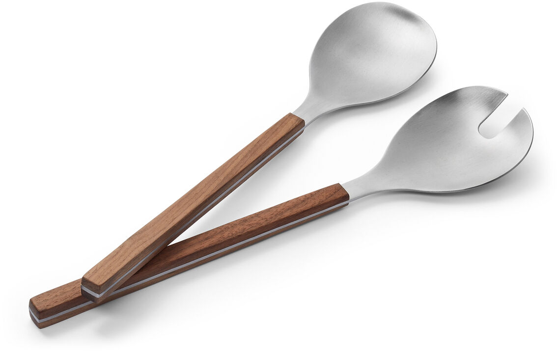 Ein modernes Salatbesteck-Set namens »BRICK« mit zwei Teilen, bestehend aus einer Salatgabel und einem Salatlöffel, beide mit Griffen aus Holz und Köpfen aus Edelstahl. Das Design ist minimalistisch und stilvoll.