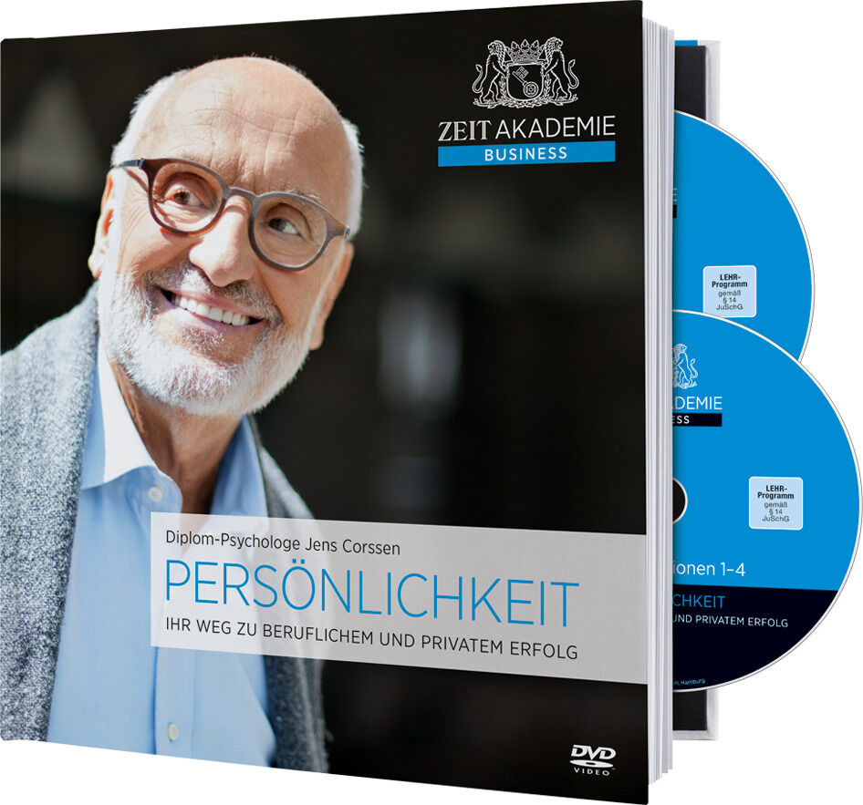 DVD-Set von ZEIT Akademie mit dem Titel »Persönlichkeit«-Seminar. Das Cover zeigt das Bild eines Mannes mit Brille und Bart, lächelnd. Darunter ein blauer Titelblock.