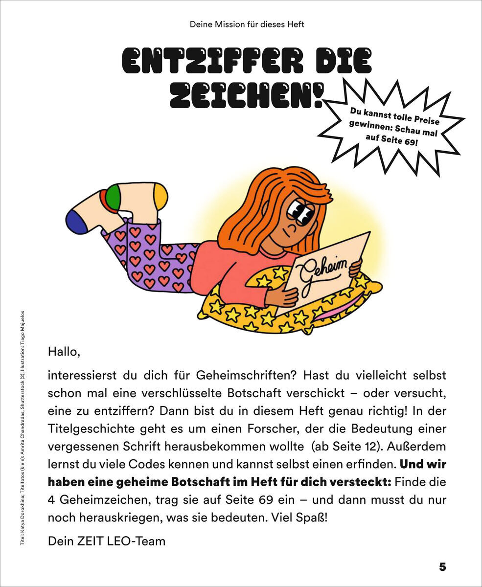 Die Titelseite eines ZEIT LEO Magazins, auf der ein illustriertes Kind zu sehen ist, das eine Karte mit 'Geheim' darauf hält. Der Text fordert die Leser auf, Geheimschriften zu knacken, und verspricht tolle Preise für das Mitmachen. Im Hintergrund sind bunte Sterne und dekorationen zu sehen.