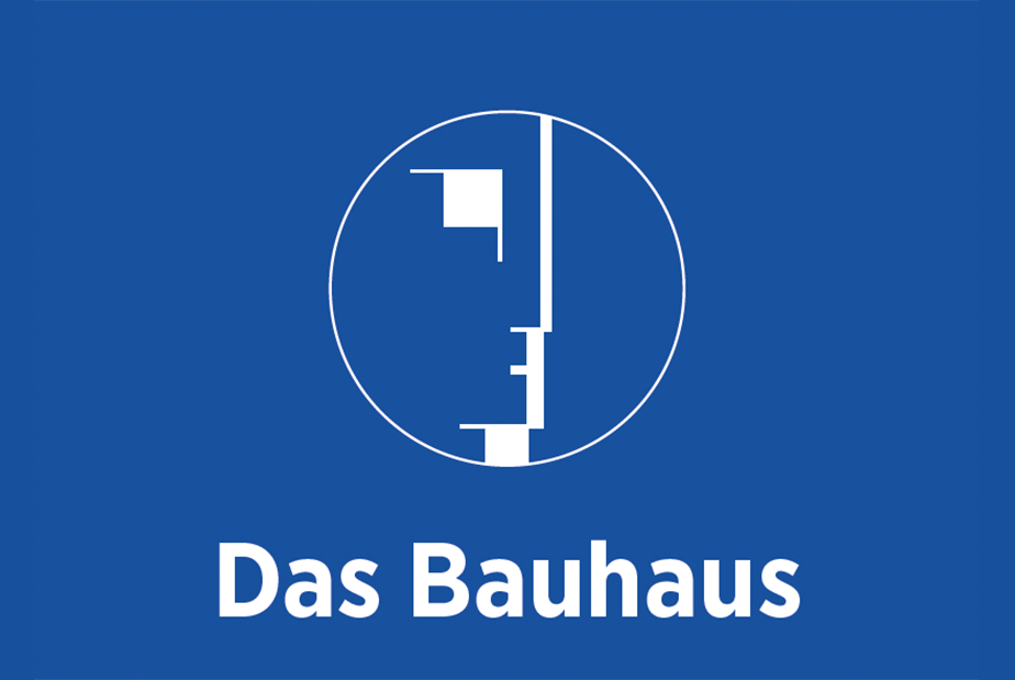 Logo des Bauhauses mit stilisiertem Gesicht in weiß auf blauem Hintergrund und Text 'Das Bauhaus' darunter