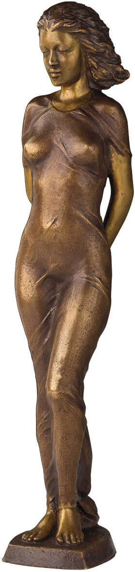 Die Skulptur »Alberta« von SIME aus edler Bronze zeigt eine stilisierte, ruhige menschliche Figur mit klaren, modernen Linien. Die Oberfläche glänzt in warmem Bronzeton, Details wirken fein gearbeitet. Die Skulptur steht aufrecht und vermittelt Ausdruckskraft und Gelassenheit.