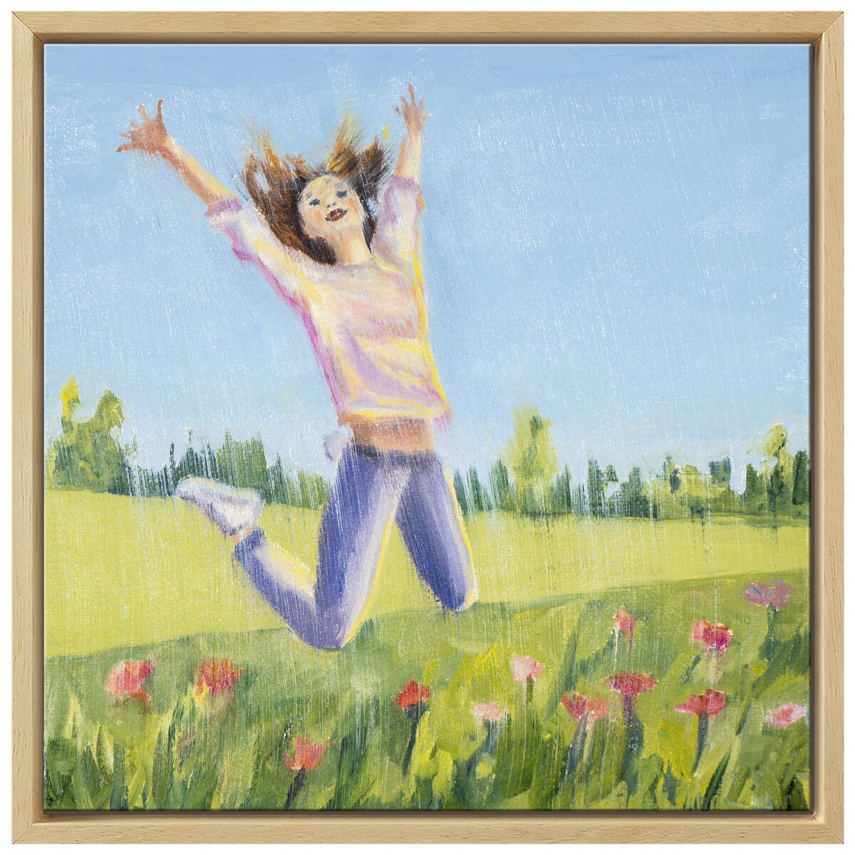Eine gerahmte Zeichnung zeigt eine fröhliche Person, die auf einer blühenden Wiese in die Luft springt. Der Himmel ist blau mit einem Hauch von Pastellfarben.