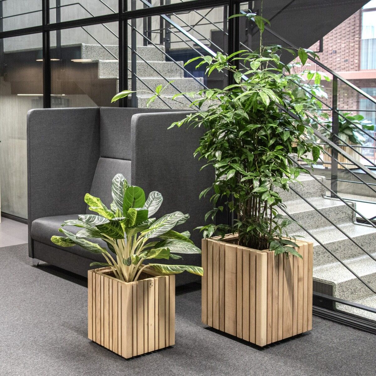 Ein modernes Innenraum-Setting mit zwei Holzkübeln der Marke GrowMORE, die Zimmerpflanzen enthalten. Im Hintergrund sind eine graue Couch, Treppen und große Fenster zu sehen. Die Pflanzen verleihen dem Raum eine natürliche Atmosphäre.