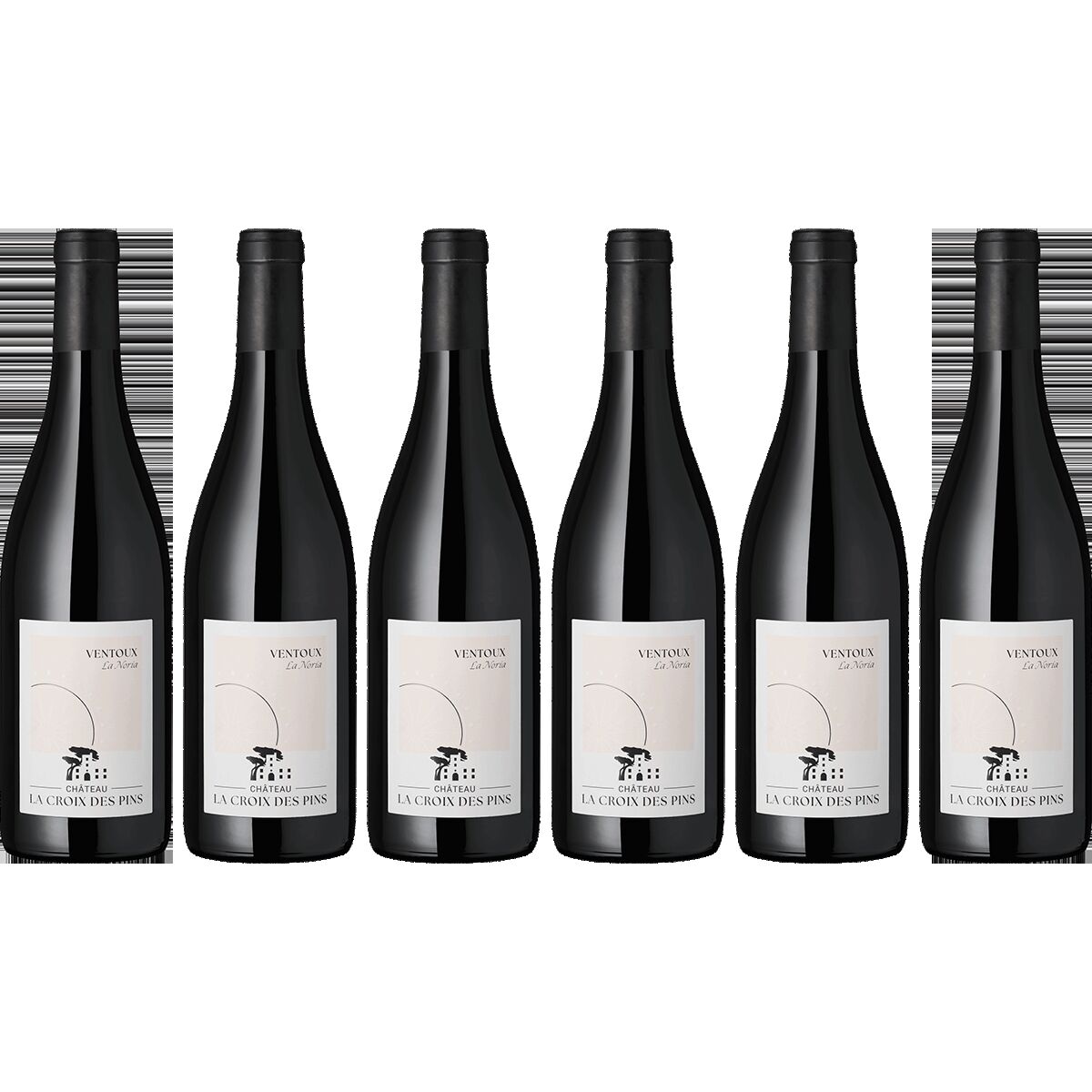 Sechs Flaschen Rotwein der Marke Croix de Pins, Sorte Grenache Syrah Mourvèdre, Ventoux, 'La Noria', stehen nebeneinander, jede Flasche mit weißem Etikett und schwarzem Schraubverschluss, davor ein heller Hintergrund.