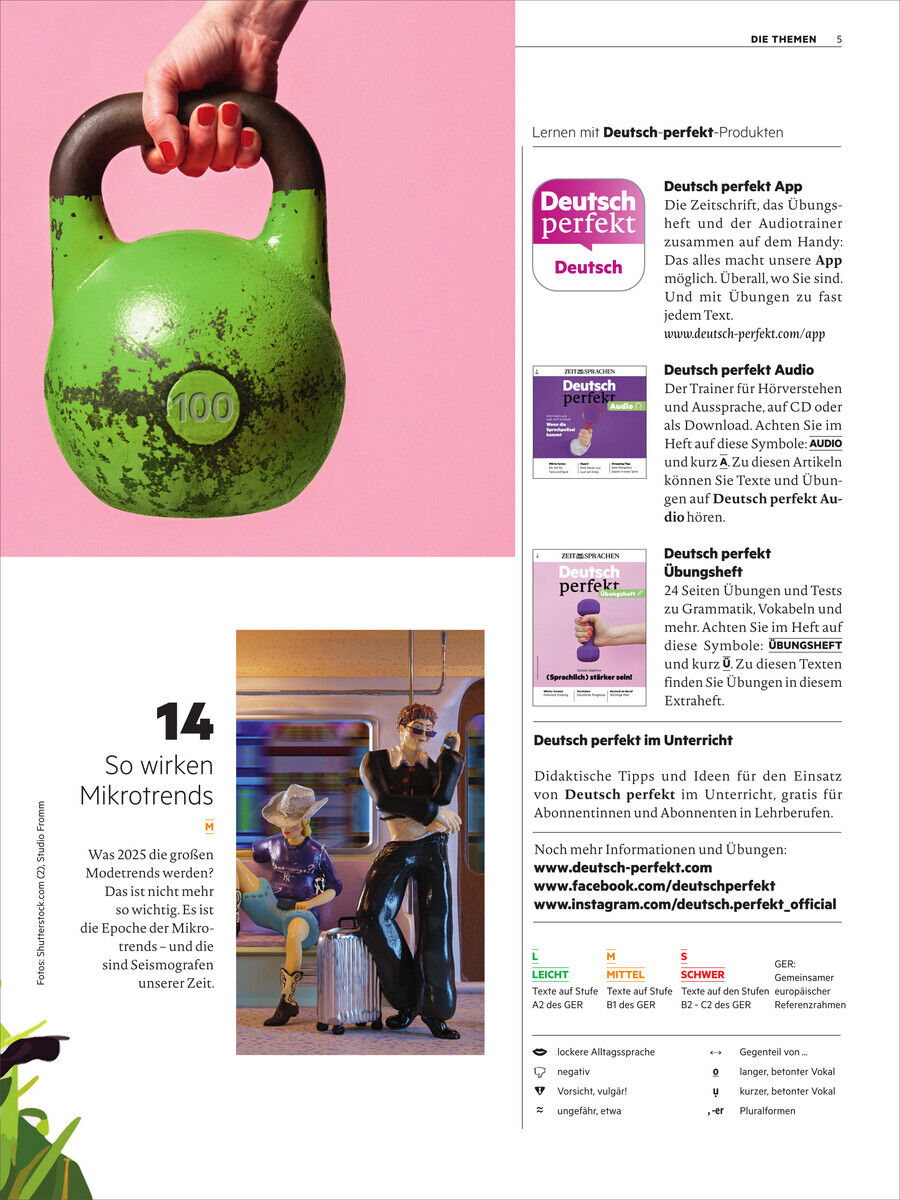 Das Cover des Deutsch perfekt Magazins 1/25 zeigt eine grüne Kettlebell und mehrere Textabschnitte zu Lernmaterialien für Deutsch. Enthält Themen zur Sprachbildung und Mikrotrends, mit Informationen zur unterstützenden App und Audioinhalte.