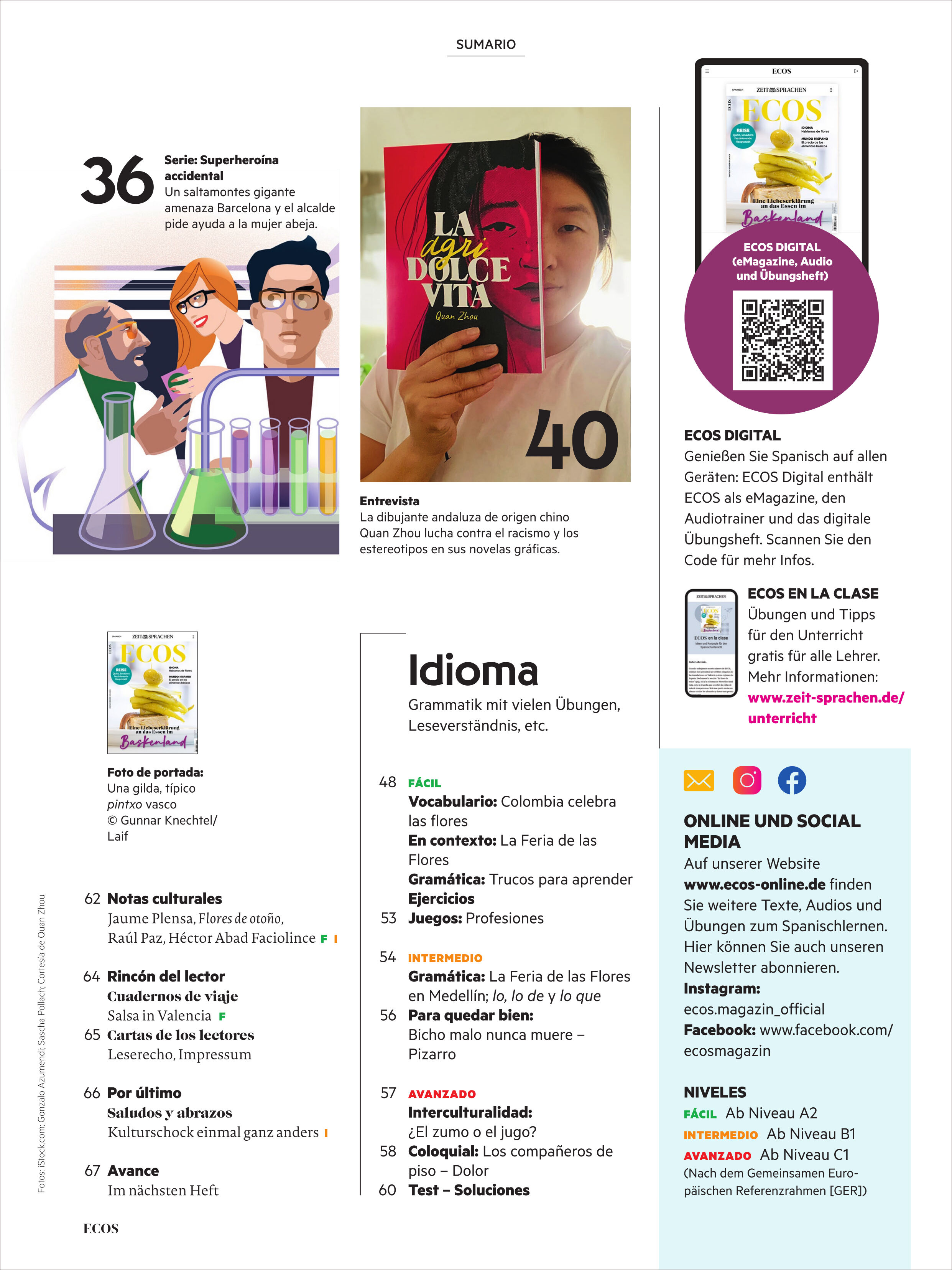 Titelblatt und Innenseite des Ecos Magazins 10/2025 mit mehreren Illustrationen, Texten zu spanischer Grammatik und Kultur sowie Themenübersicht. Geeignet zum Spanischlernen und als Unterrichtsmaterial für Sprachinteressierte.