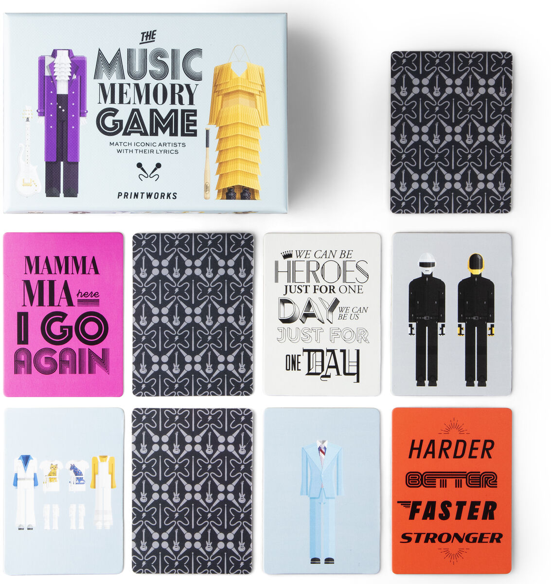 Das Bild zeigt das Produkt »Memo-Spiel Musik«, ein Gesellschaftsspiel mit farbenfrohen, illustrierten Karten, die ikonische Outfits bekannter Musiker darstellen. Das Spiel besteht aus mehreren Karten, die auf einem Tisch angeordnet sind und darauf warten, zu passenden Paaren kombiniert zu werden.