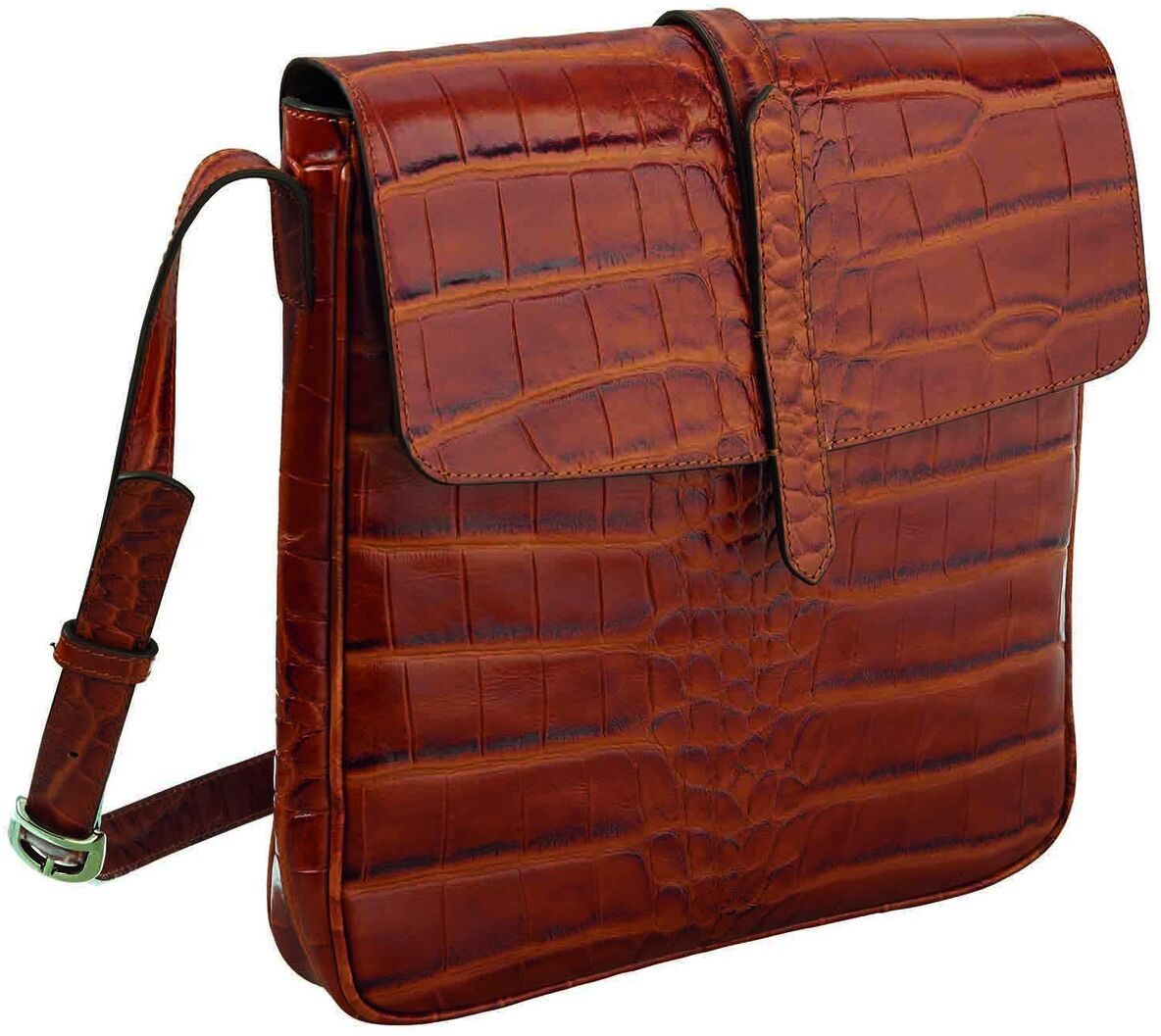 Eine elegante Tasche »Crocco« im Krokodilleder-Design mit einem braun-roten Finish. Die Tasche verfügt über einen verstellbaren Schulterriemen und eine große Überschlagklappe.