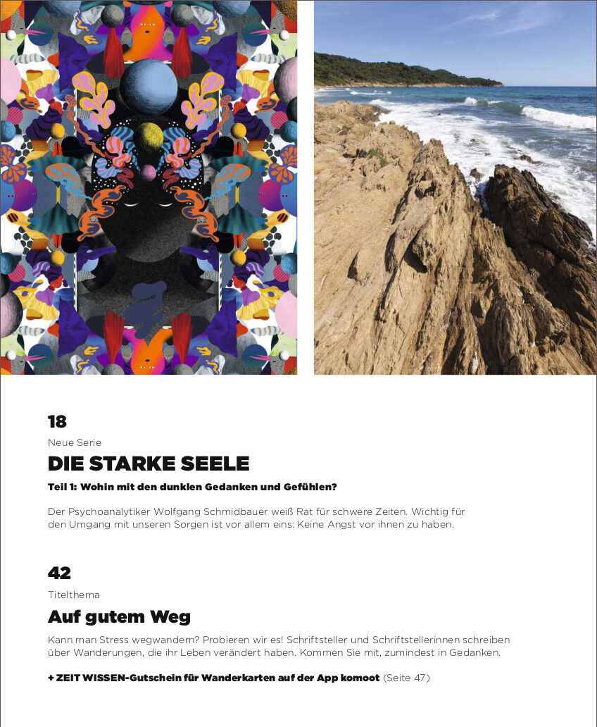 Das Titelbild der Ausgabe 3/21 des Magazins ZEIT WISSEN zeigt eine farbenfrohe Illustration neben einem Foto einer felsigen Küste. Der Hauptartikel thematisiert den Teil „Die Starke Seele“ über psychische Gesundheit und Therapie. Das Layout ist in eine bunte und eine Naturaufnahme aufgeteilt.