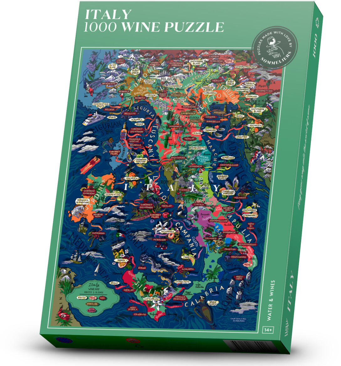 Puzzle-Verpackung mit Italien-Motiv, 1000 Teile, mit farbenfroher Abbildung der italienischen Weingebiete.