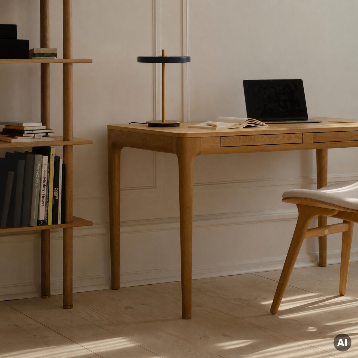 Stilvoll eingerichtetes Homeoffice mit dem Schreibtisch »Heart'n'Soul«, einer minimalistischen Holzlampe, einem geöffneten Laptop und einem Regal mit Büchern. Die Szene ist in warmen Holz- und Beigetönen gehalten, freundlich und modern beleuchtet.